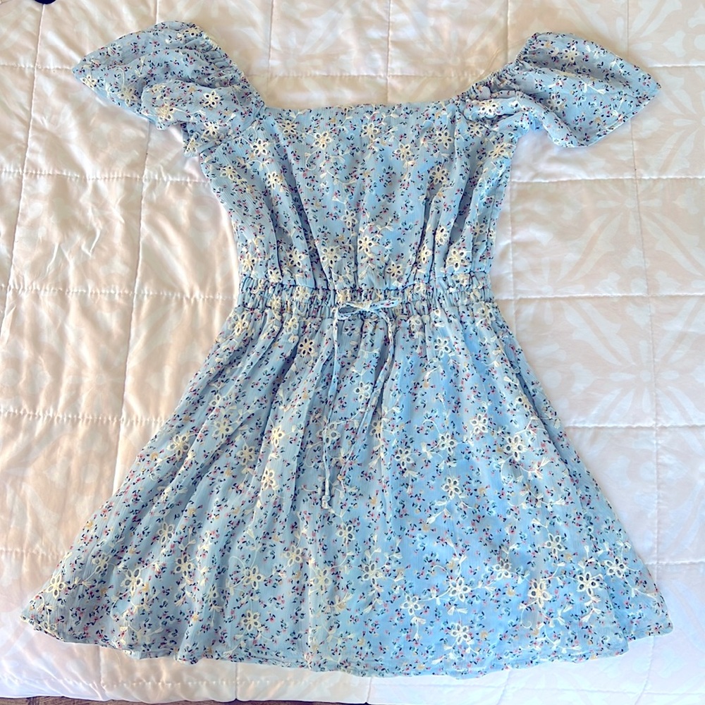 Off the Shoulder Sleeves, Powder Blue Floral Dress